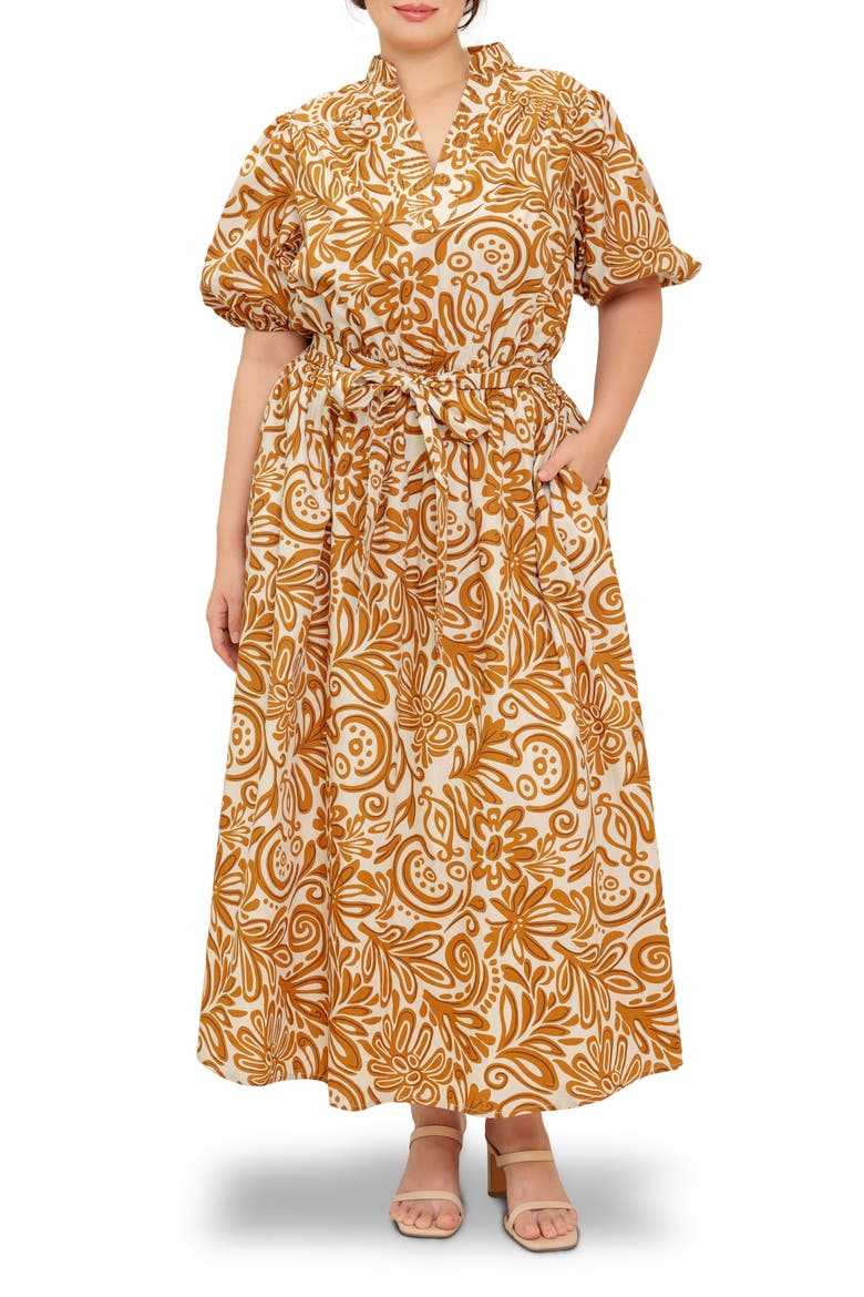 Printed Cotton Maxi Dress, Main, color, IVORY MUSTARD