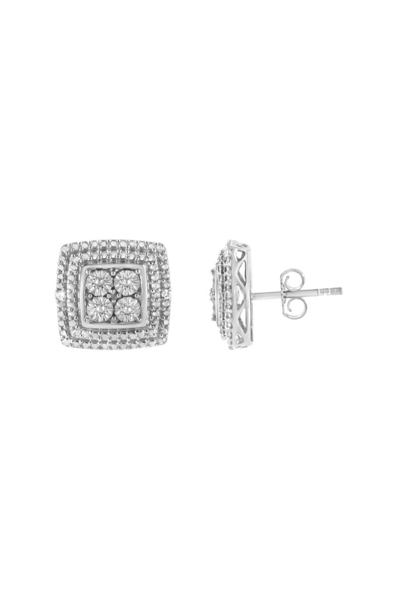 Haus of Brilliance Silver Diamond Accented Square Shaped Milgrain Stud Earrings, Main, color, White