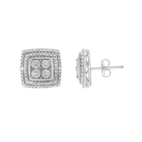 Silver Diamond Accented Square Shaped Milgrain Stud Earrings