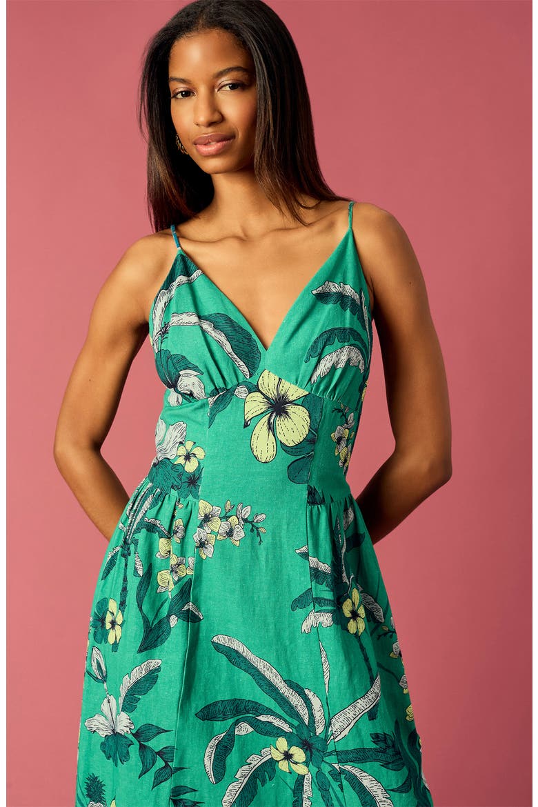Floral Linen Blend Fit & Flare Midi Dress, Alternate, color, SPECTRUM GREEN/ TEAL BLUE