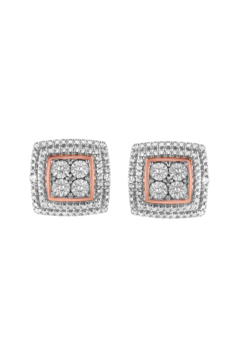 Silver Diamond Accented Square Shaped Milgrain Stud Earrings, Alternate, color, Tri Tone