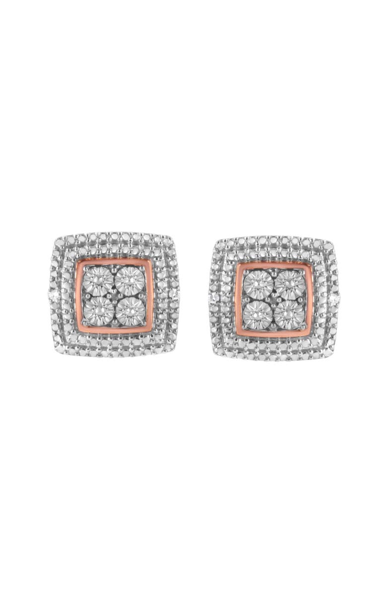Haus of Brilliance Silver Diamond Accented Square Shaped Milgrain Stud Earrings, Alternate, color, Tri Tone