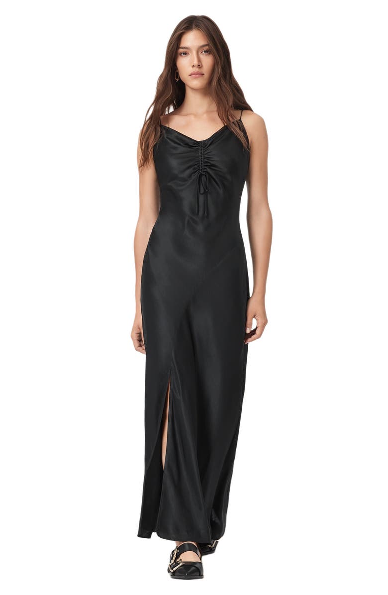 AllSaints Alexia Ruched Satin Slipdress, Alternate, color, Black