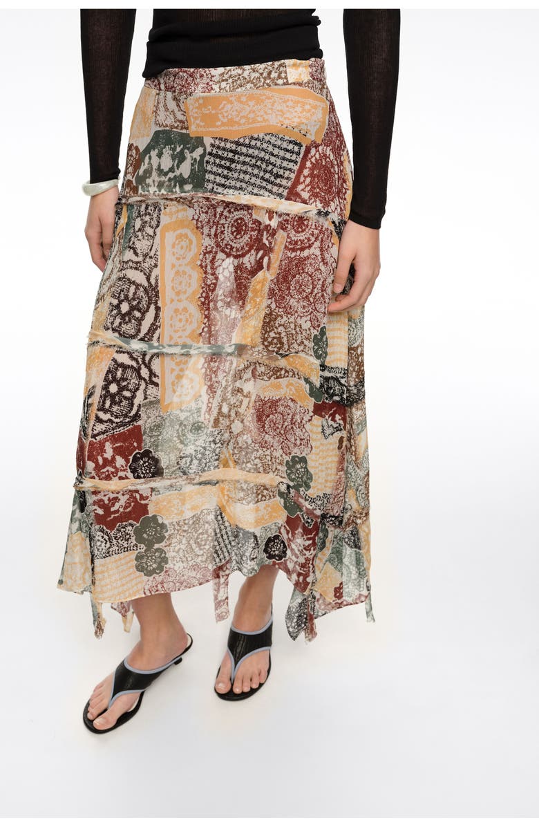 Bimba y Lola Lace Fluid Irregular Fringed Skirt, Alternate, color, Lace Print Ivory