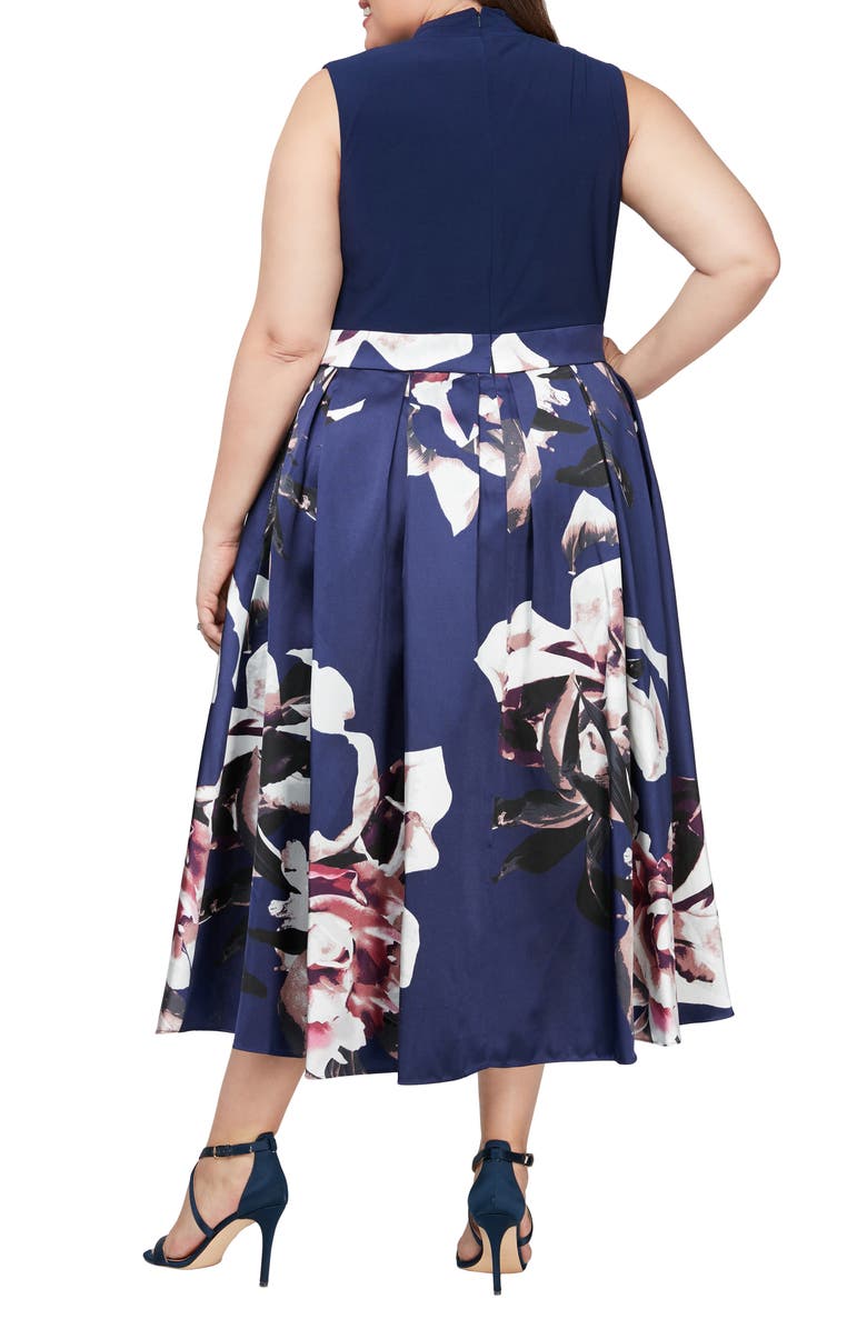 SL FASHIONS Floral Tie Belt High-Low Cocktail Dress, Alternate, color, Navy Multi