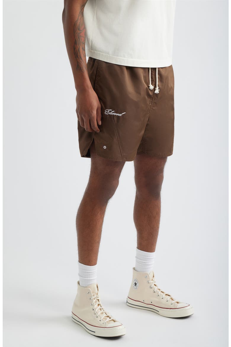 Olympic Embroidered Logo Nylon Shorts, Alternate, color, DULL BROWN