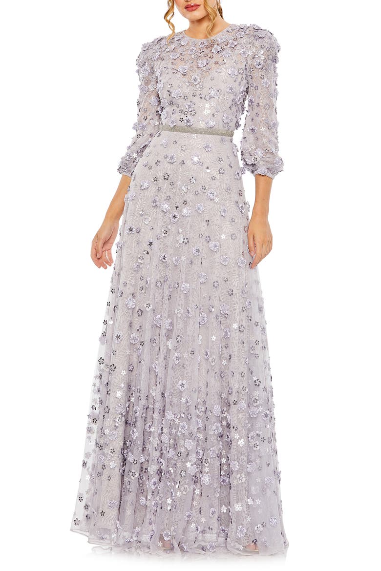 Women's Floral Applique Puff Sleeve High Neck A-Line Gown, Main, color, LAVENDER