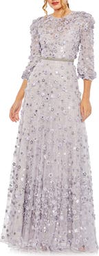 Mac Duggal Women's Floral Applique Puff Sleeve High Neck A-Line Gown