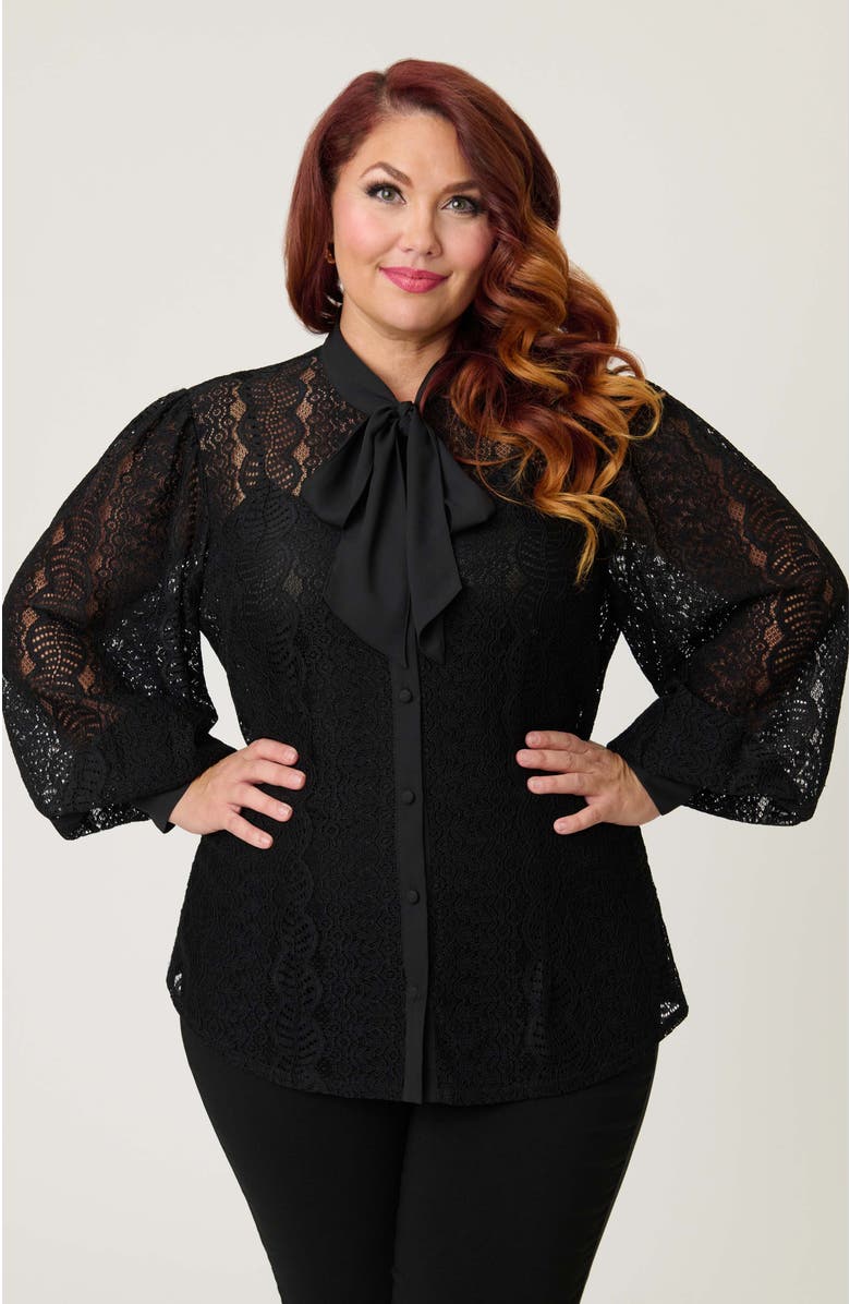 Unique Vintage Plus Size Long Sleeve Neck Tie Gwen Blouse, Alternate, color,