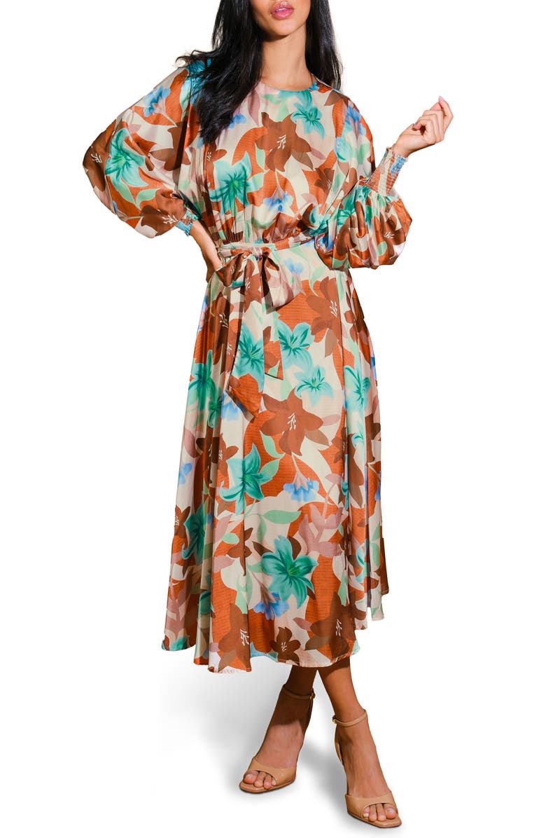 FLYING TOMATO Bishop Sleeve Satin Midi Dress, Main, color,