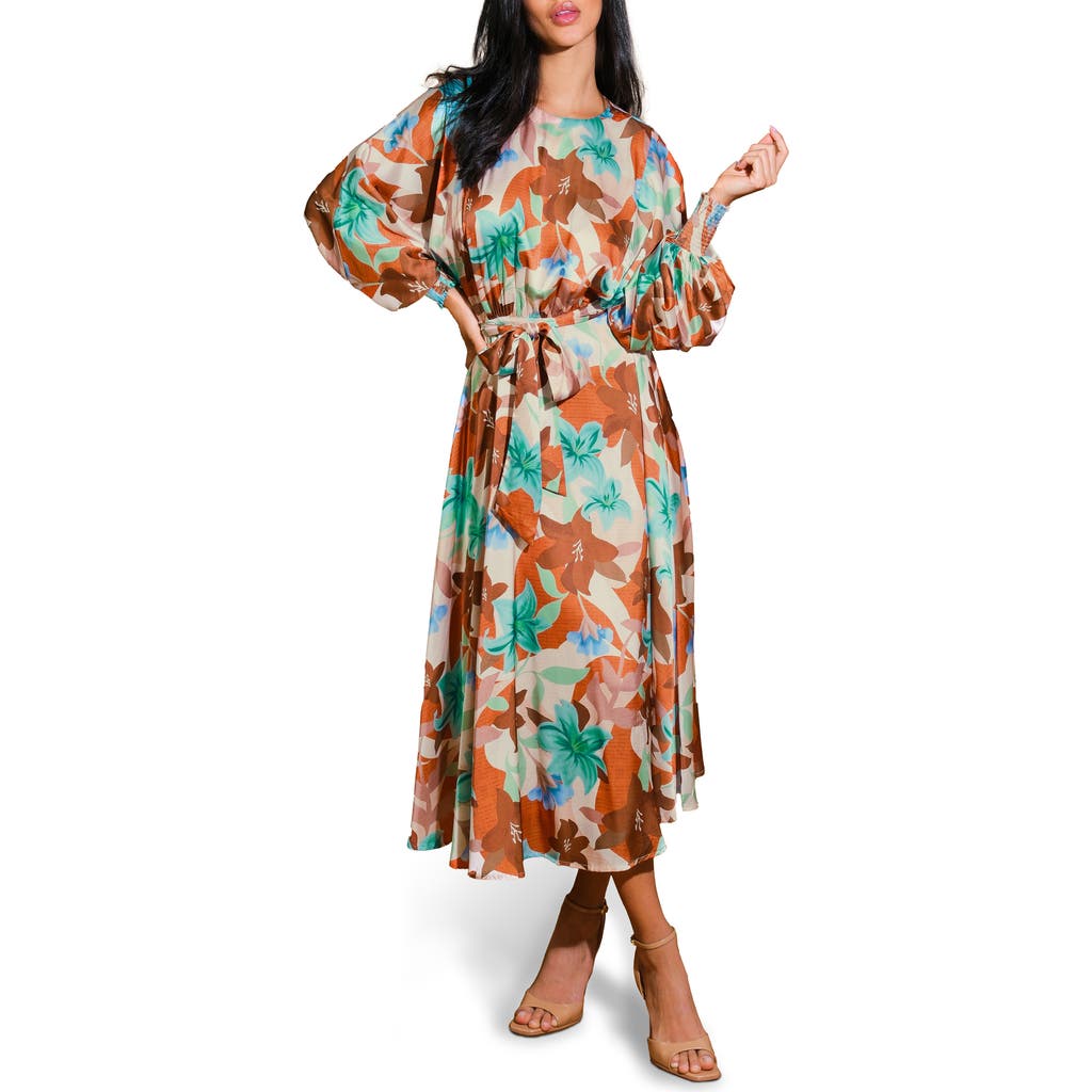 Flying Tomato Bishop Sleeve Satin Midi Dress In Rust Teal