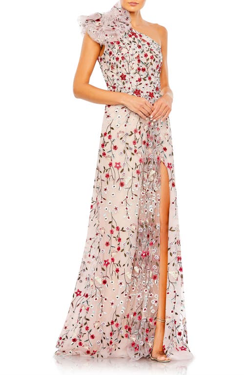 Mac Duggal Embellished Ruffled One Shoulder A Line Gown In Rose Multi