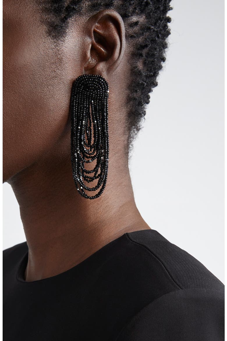 Beaded Double Curtain Clip-On Drop Earrings, Alternate, color, BLACK