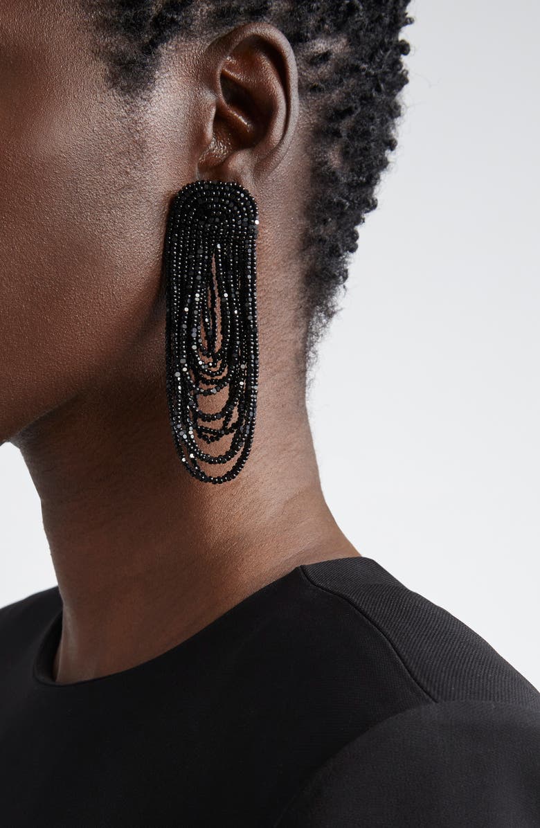 Oscar de la Renta Beaded Double Curtain Clip-On Drop Earrings, Alternate, color, Black