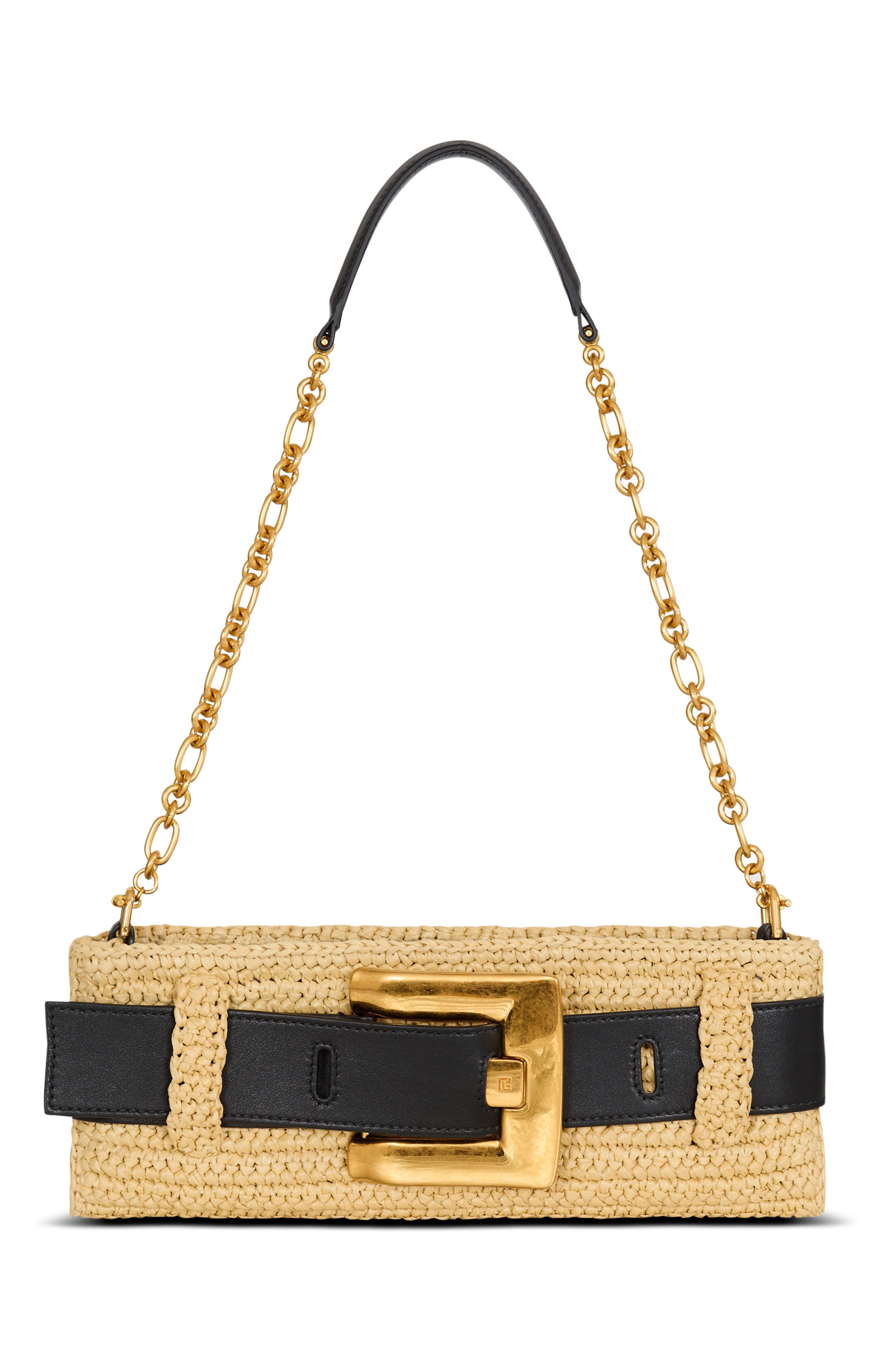 Balmain Anthem clutch bag in smooth leather and crochet, Main, color, Beige