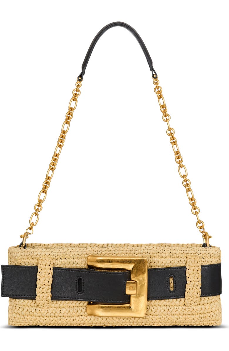 Balmain Anthem clutch bag in smooth leather and crochet, Main, color, Beige