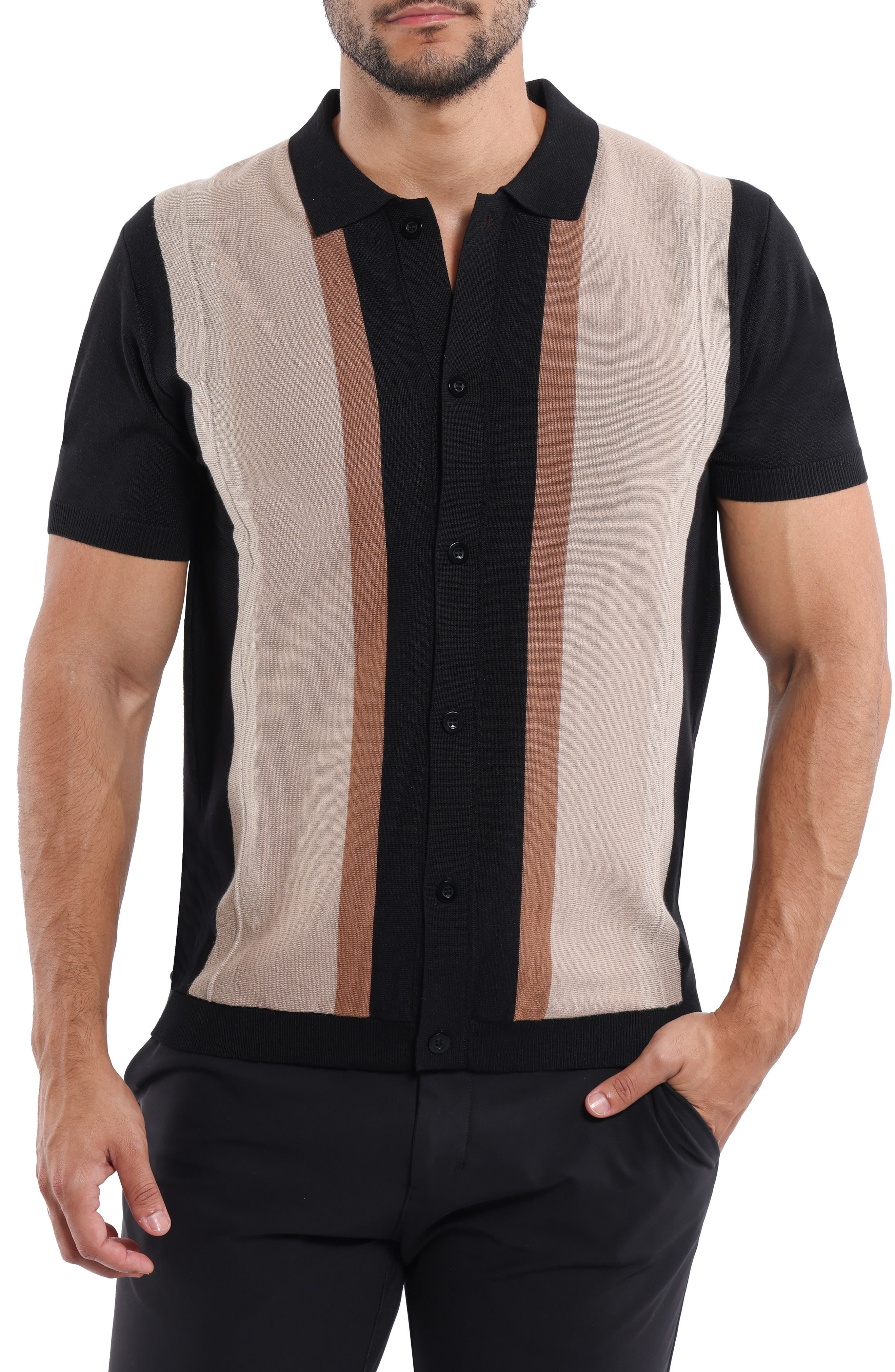 Stripe Short Sleeve Button-Up Polo Sweater - image 3