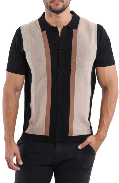 Stripe Short Sleeve Button-Up Polo Sweater