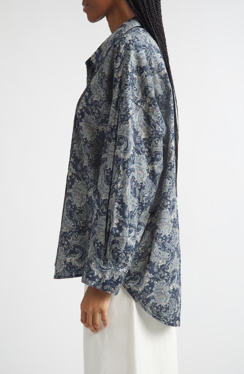 R13 Drop Neck Pintuck Paisley Print Button-Up Shirt, Alternate, color, Blue Indigo Paisley