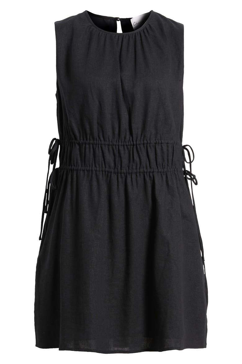 Drawstring Waist Linen Blend Minidress, Alternate, color, BLACK