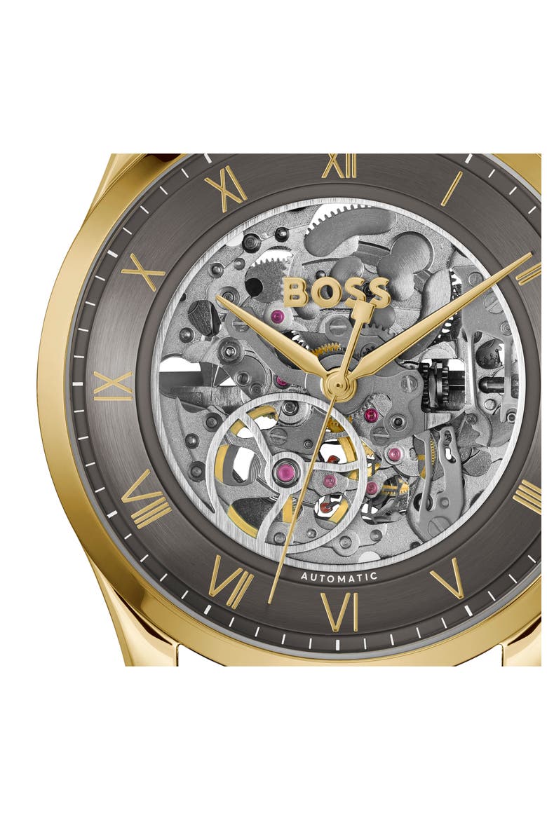Principle Skeleton Automatic Leather Strap Watch, 41mm, Alternate, color, GRAY