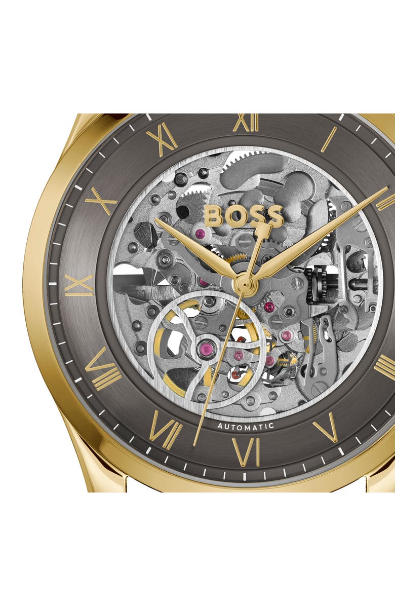 BOSS Principle Skeleton Automatic Leather Strap Watch, 41mm, Alternate, color, 