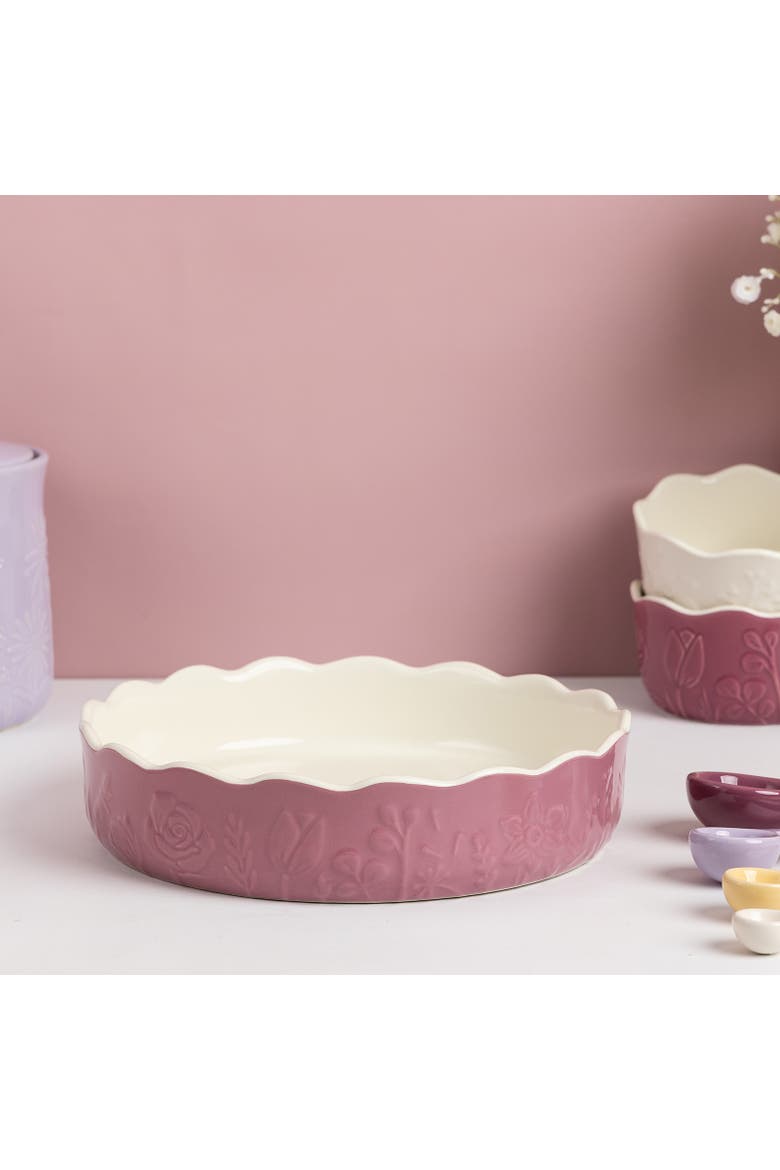 In The Meadow Pie Dish with Embossed Floral Design, Alternate, color, Pink