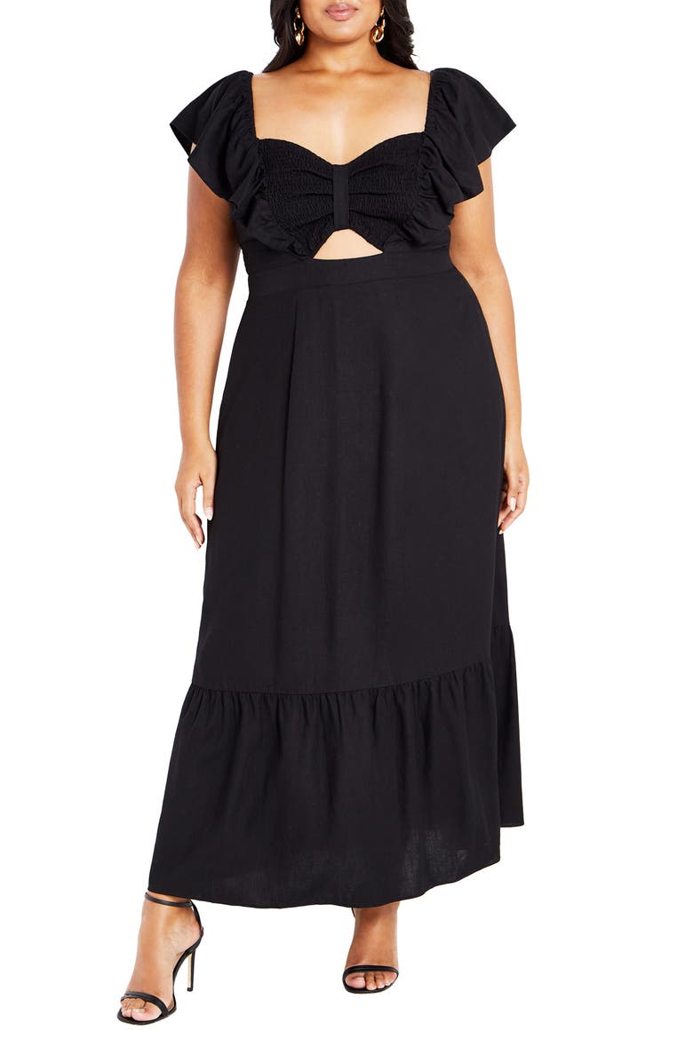 Alora Flutter Sleeve Cutout Maxi Dress, Main, color, BLACK