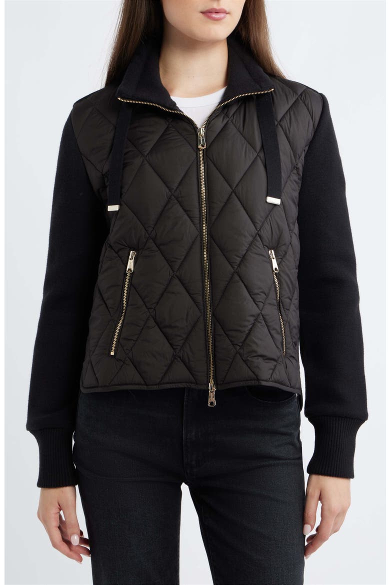 Mixed Media Quilt Front Sweater Jacket, Alternate, color, BLACK