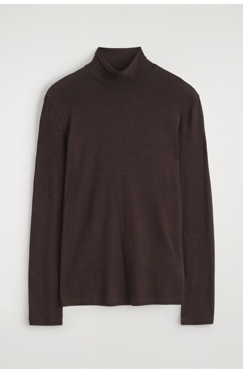 COS Slim Wool-Jersey Rollneck Top, Alternate, color, Dark Brown