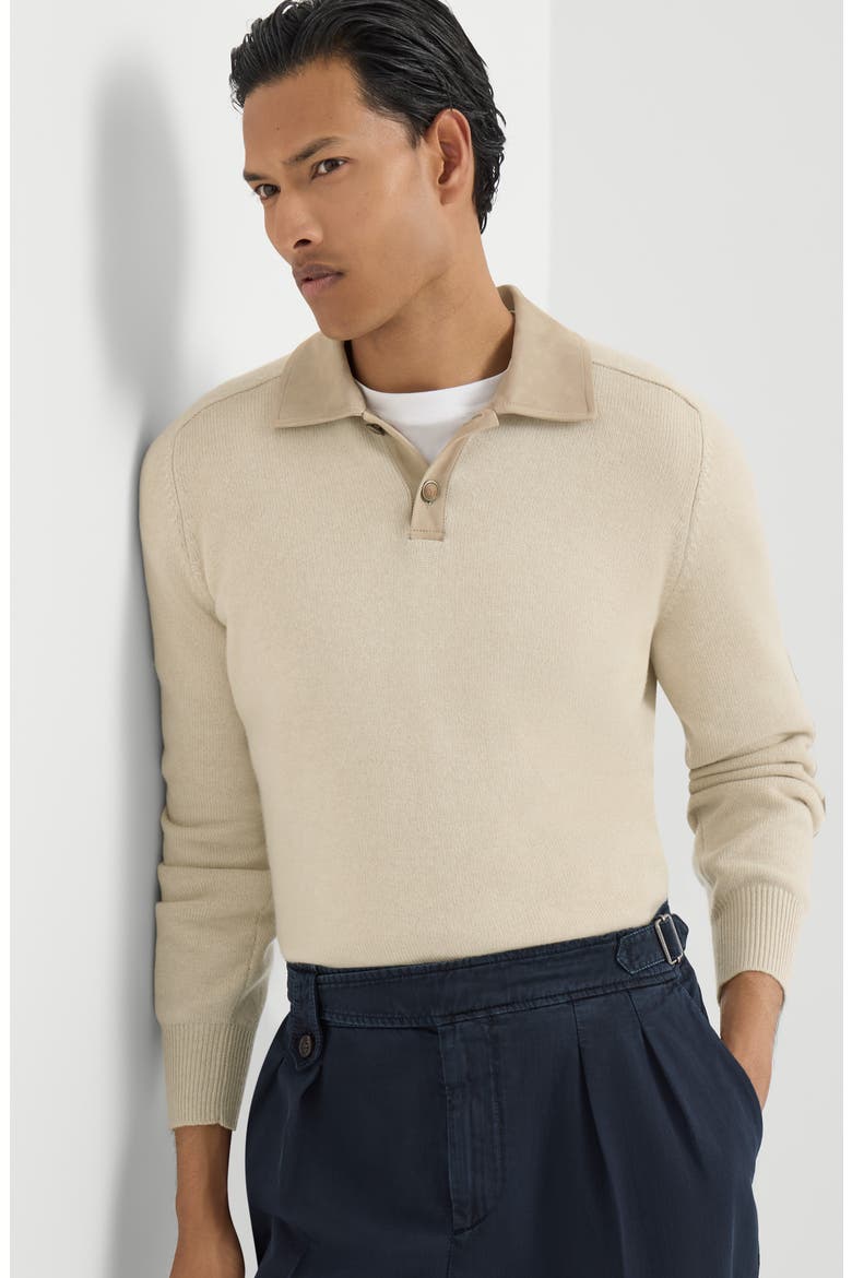 Cashmere knit polo with suede collar, Alternate, color, Sand