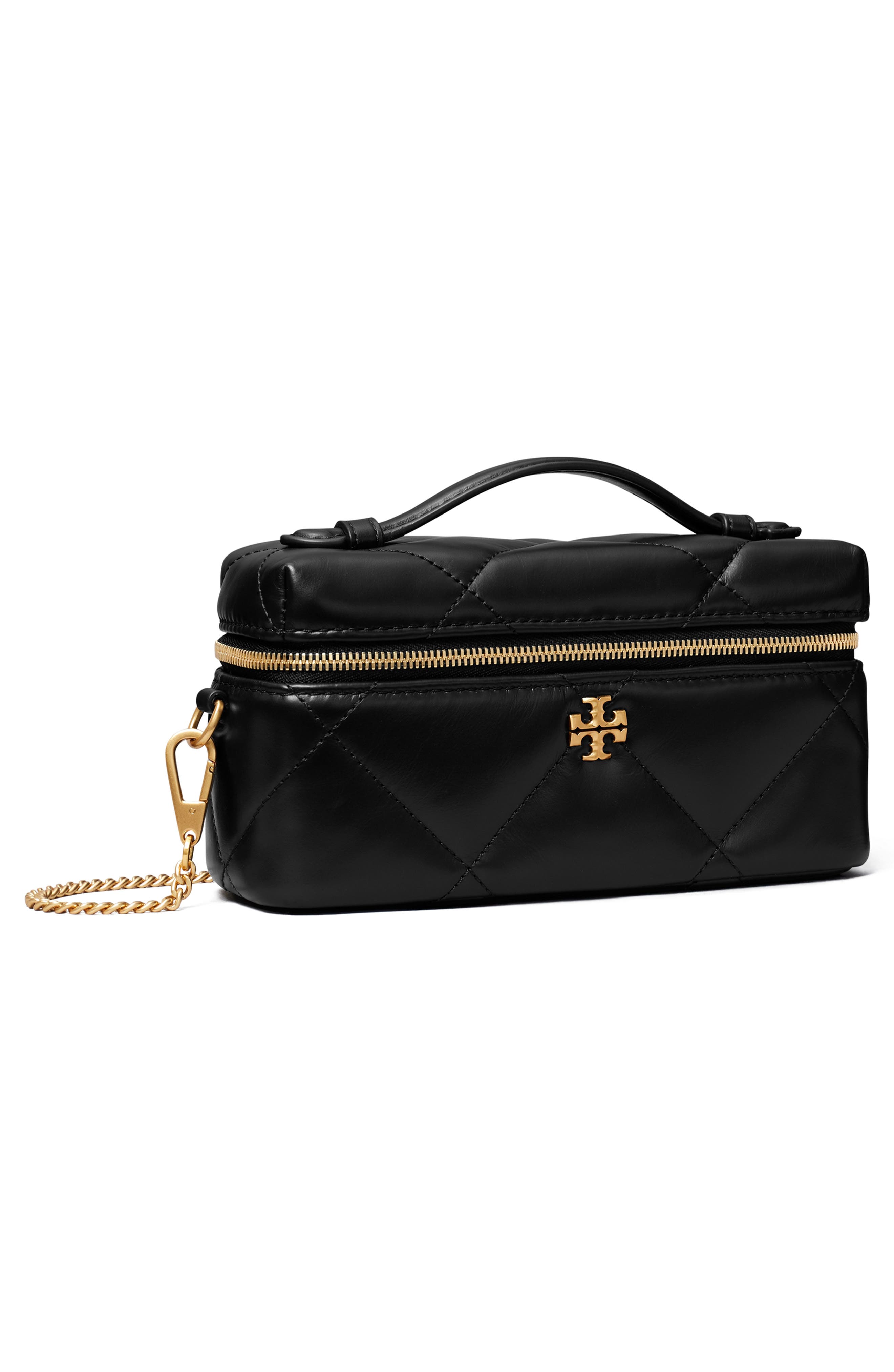 Tory Burch Kira Diamond Quilted Charm Leather Vanity Train Case, Alternate, color, Black