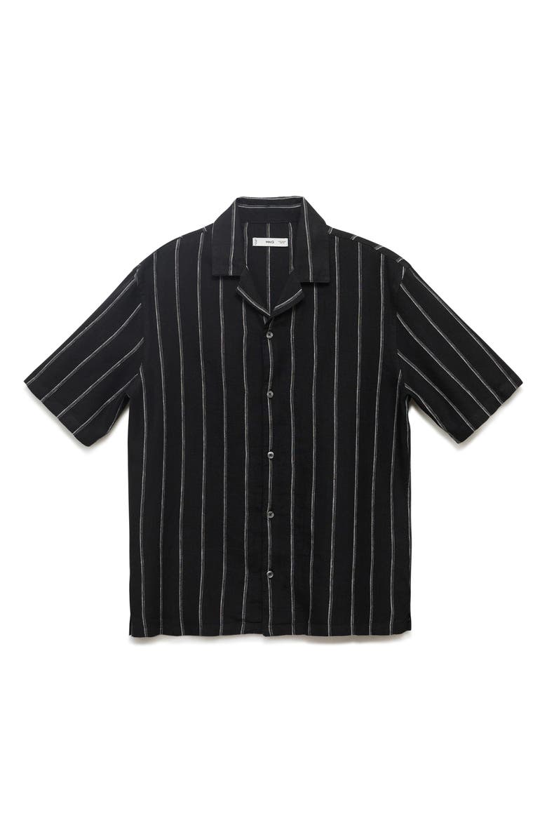 MANGO Stripe Linen Camp Shirt, Alternate, color, Black