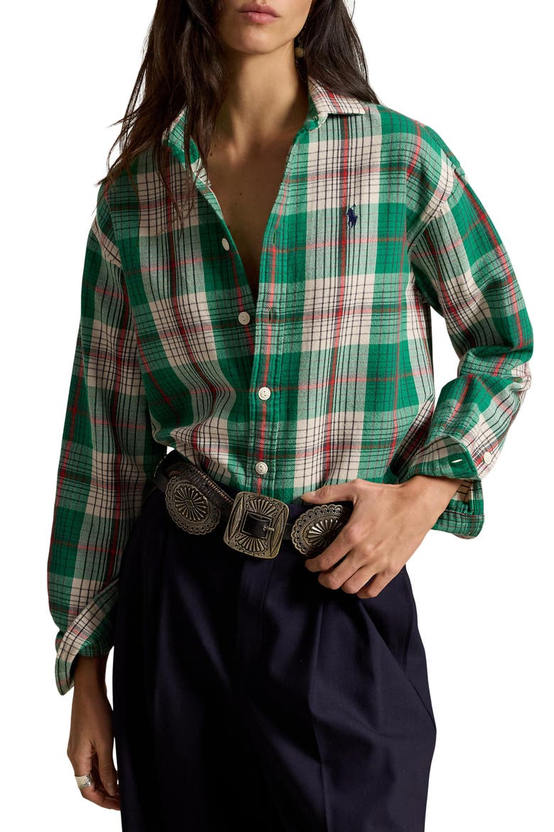 Relaxed Fit Plaid Shirt, Main, color, GREEN-CREAM MULTI