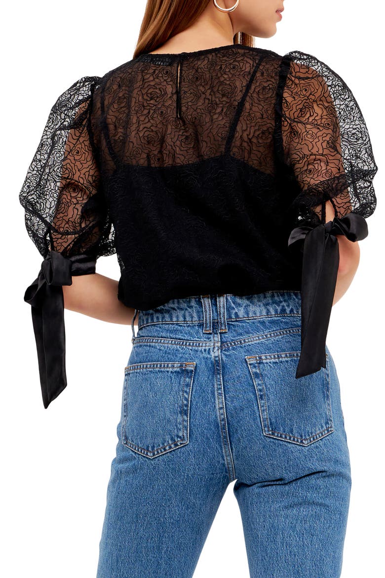 Embroidered Puff Sleeve Satin Top, Alternate, color, BLACK