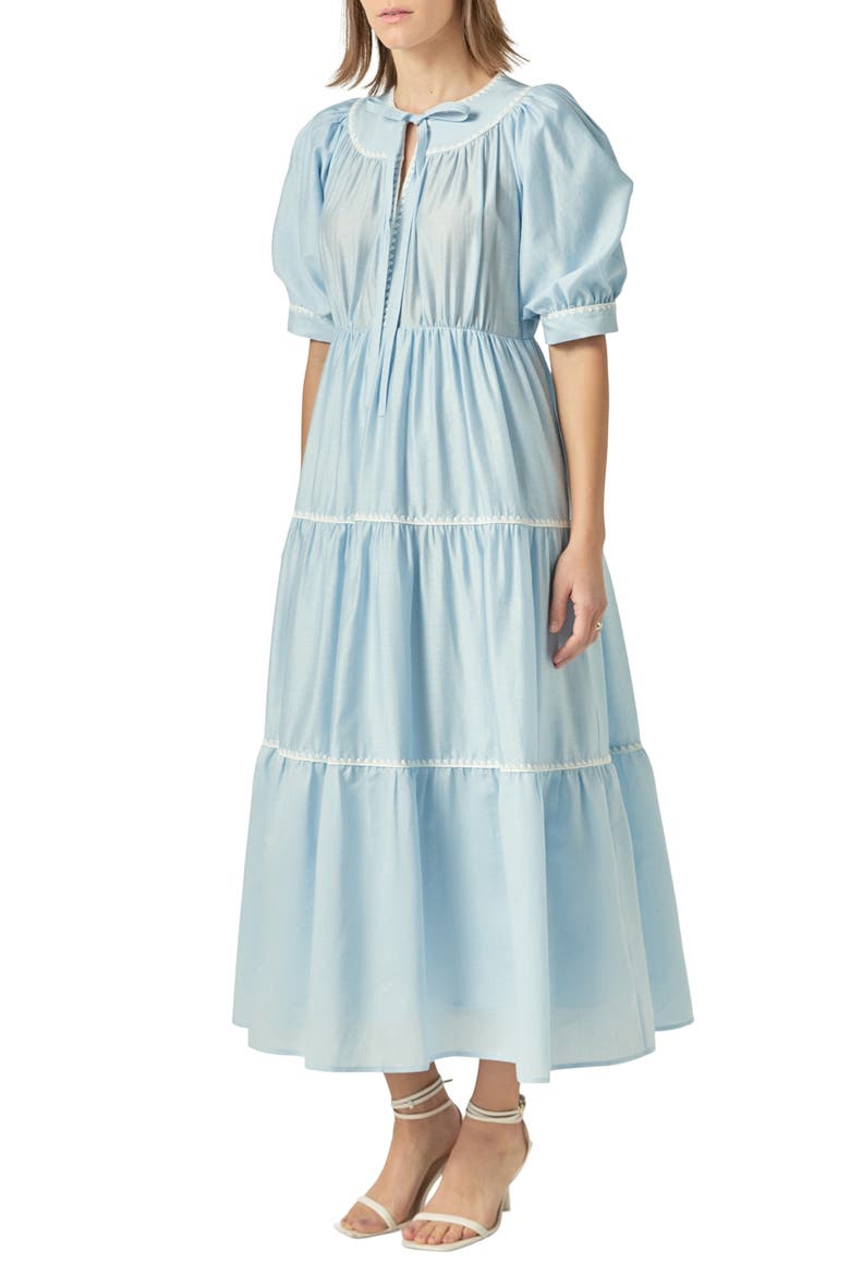 Embroidered Puff Sleeve Tiered Midi Dress, Alternate, color, POWDER BLUE/WHITE