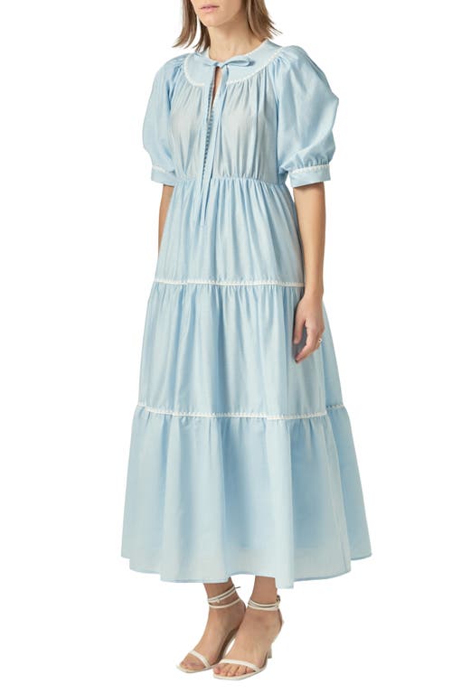 Shop English Factory Embroidered Puff Sleeve Tiered Midi Dress In Powder Blue/white