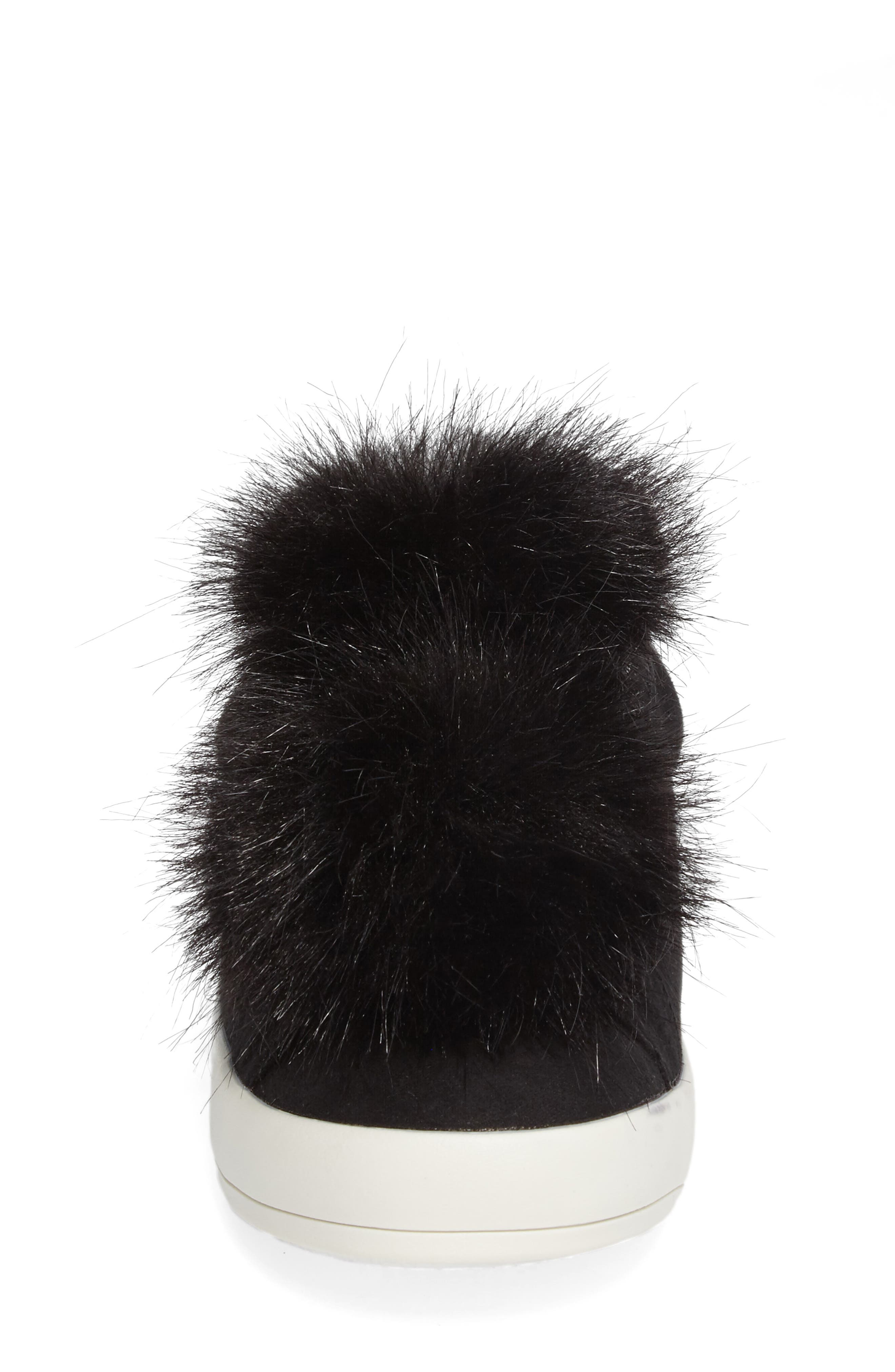 Cynthia Leya Faux Fur Pompom Slip-On Sneaker, Alternate, color, BLACK FAUX LEATHER