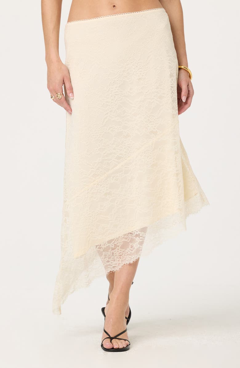 ASTR the Label Asymmetric Lace Midi Skirt, Main, color, Cream