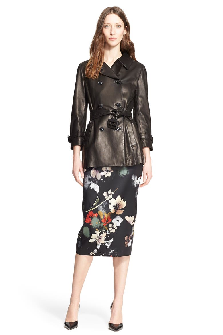 Floral Print Stretch Satin Pencil Skirt, Alternate, color, BLACK PAINTERLY FLORAL PRINT
