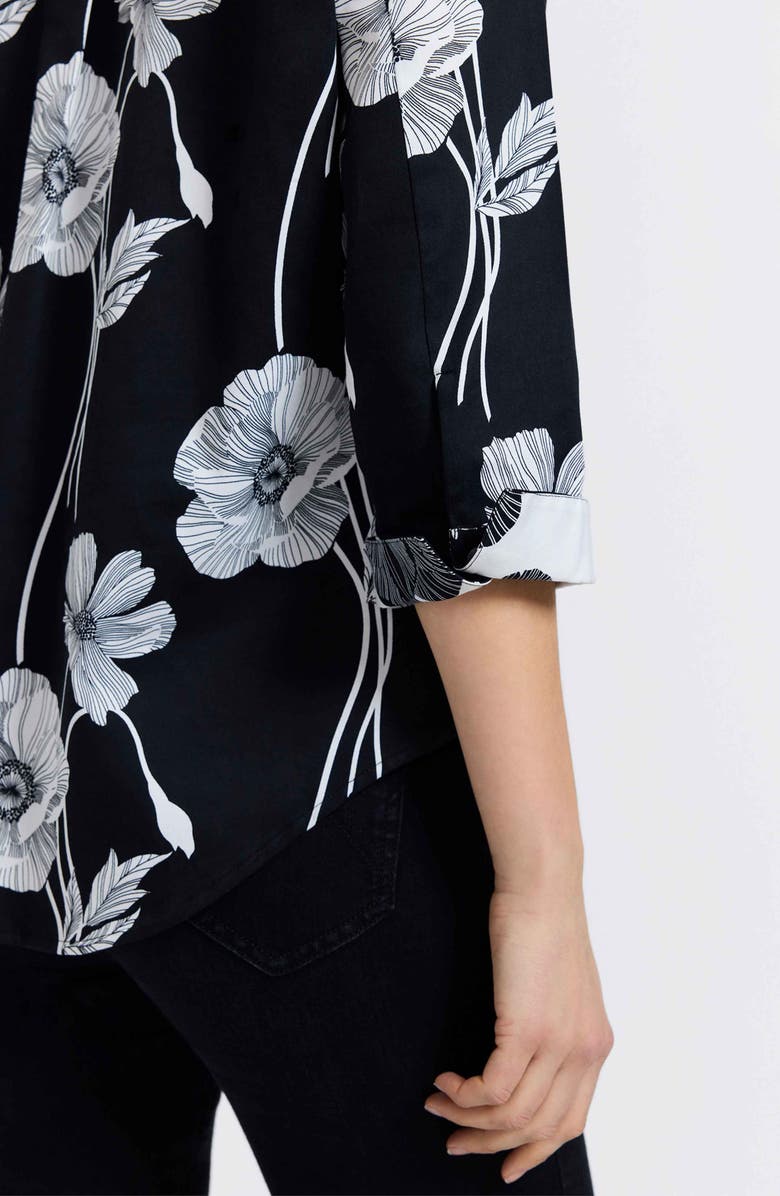 Foxcroft Marina Poppy Print Cotton Button-Up Shirt, Alternate, color, Black/ White