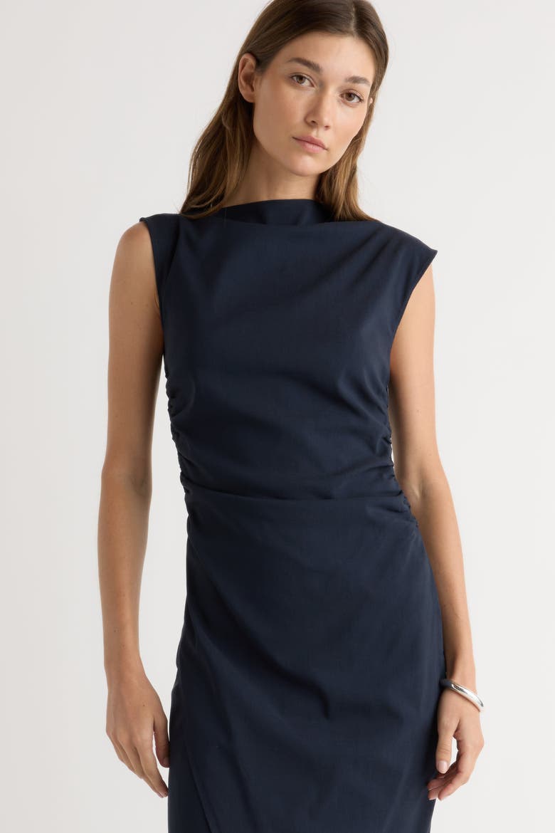 Manon Asymmetric-Neck Ruched Dress, Alternate, color, Navy
