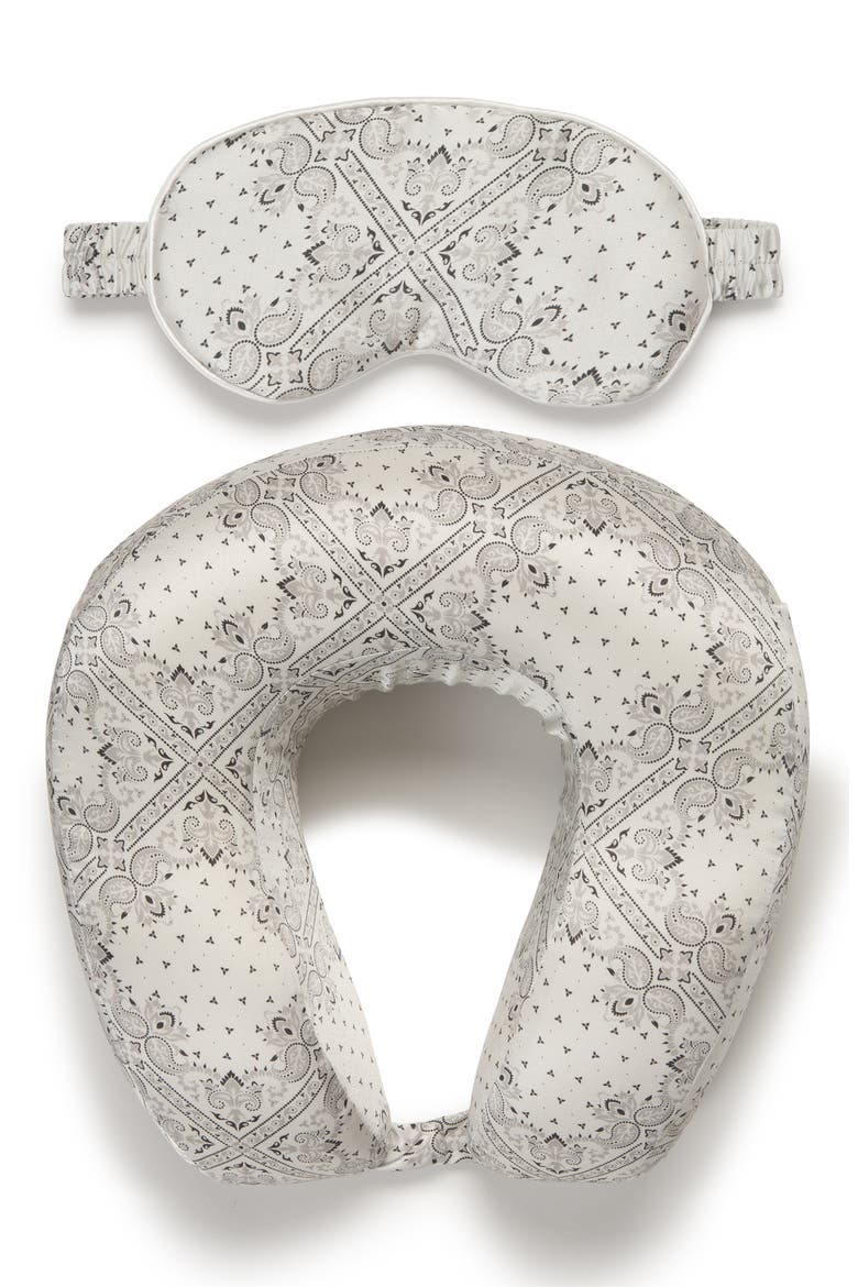 Silk Travel Neck Pillow & Eye Mask Set, Main, color, WHITE BANDANA