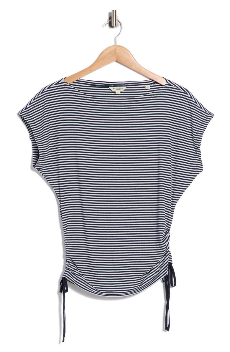 MAX STUDIO Stripe Rib Ruched T-Shirt, Main, color, Navy/ Ecru Stripe