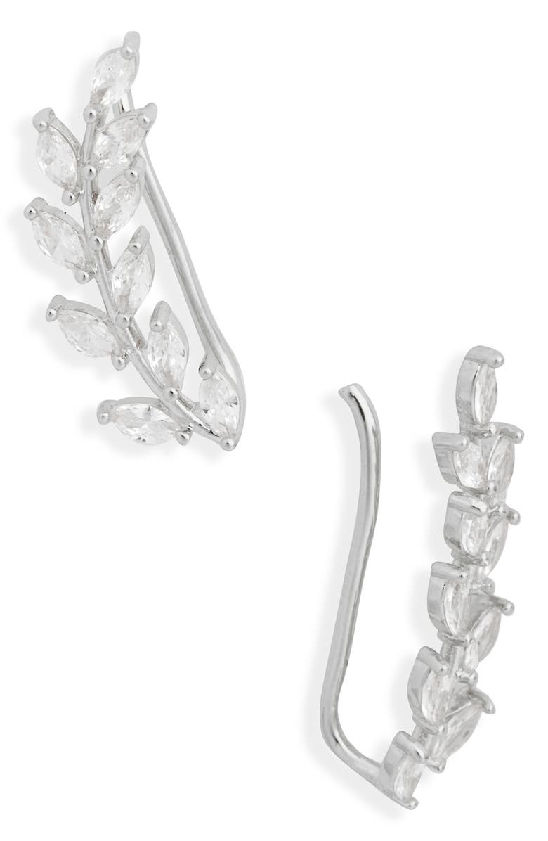 NORDSTROM RACK CZ Leaf Climber Earrings, Main, color, Clear- Silver
