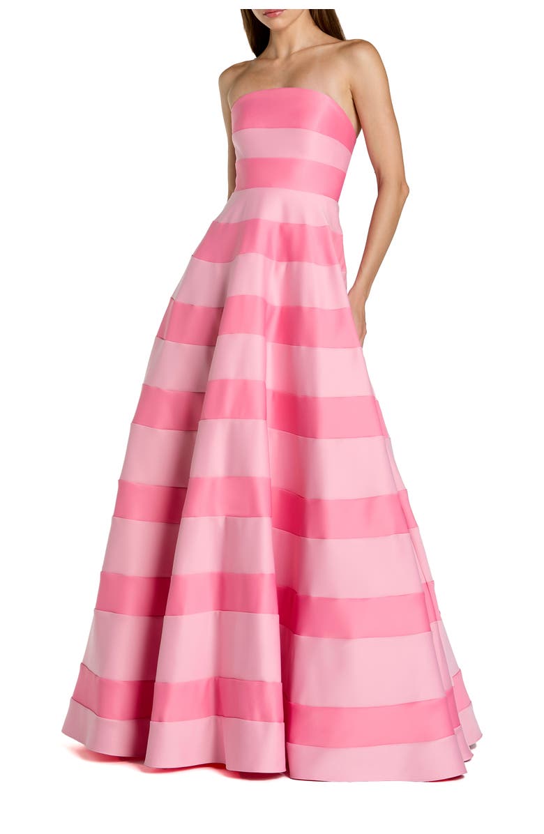 Mac Duggal Striped Satin Strapless Ballgown With Pockets, Main, color, Pink Multi