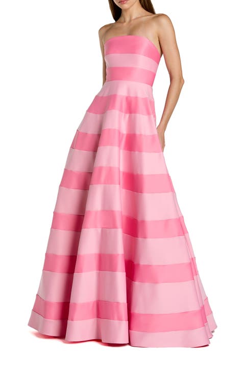 Striped Satin Strapless Ballgown With Pockets