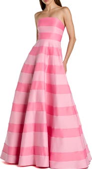 Mac Duggal Striped Satin Strapless Ballgown With Pockets