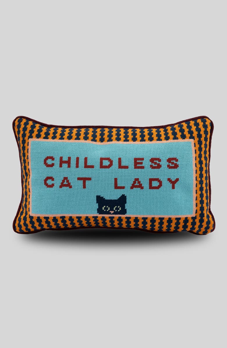 Furbish Childless Cat Lady Needlepoint Pillow, Main, color, Childless Cat Lady