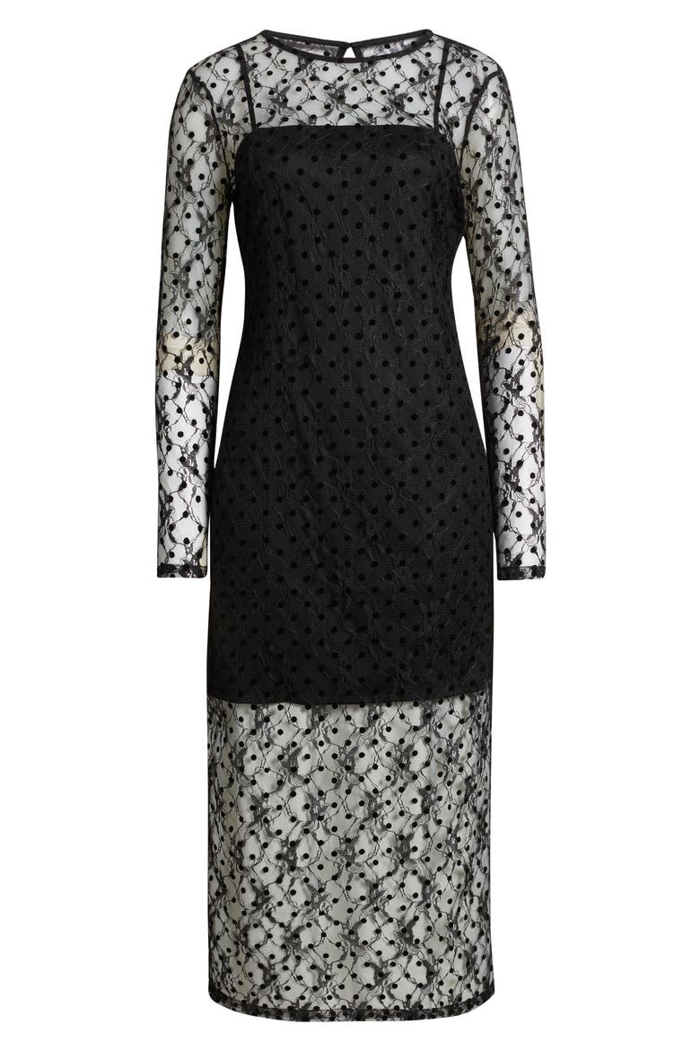Lace Illusion Midi Dress, Alternate, color, BLACK